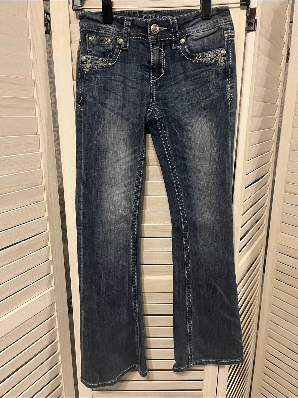Grace in LA Dark Blue Rhinestone Pocket Girls' Jeans